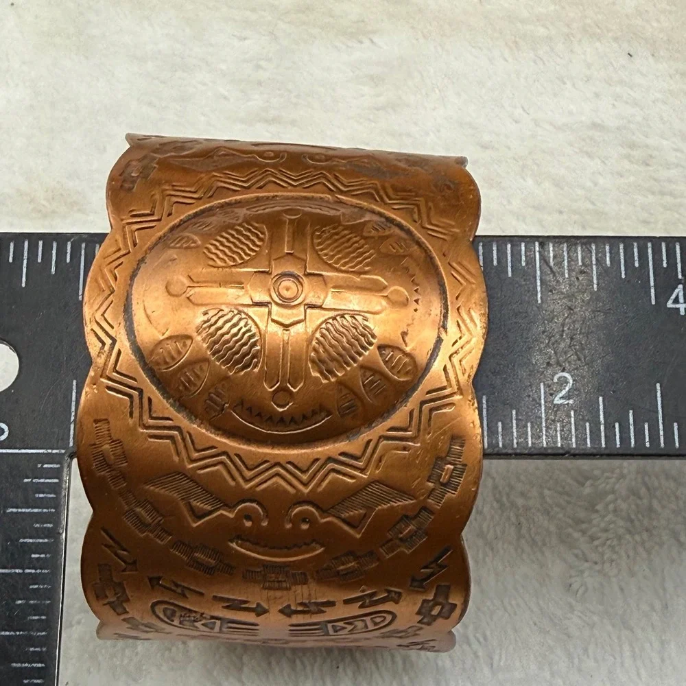 Vintage Solid Copper Cuff Bracelet Thunderbird Stamped Scalloped 7in READ